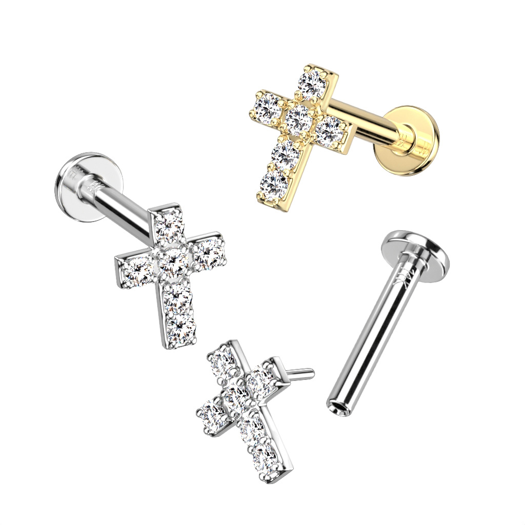 Labret push-in din aur de 14 ct cu o cruce cu pietre încrustate