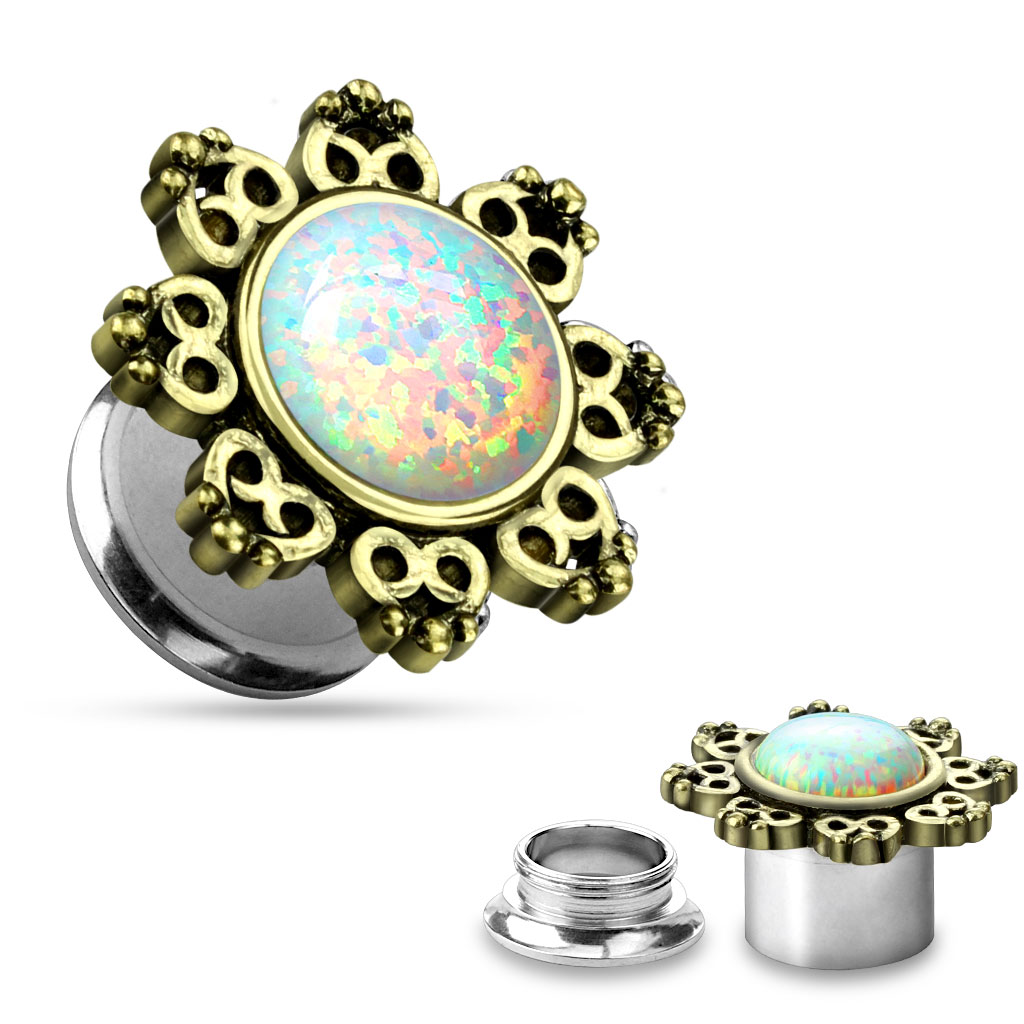 Plug de ureche cu floare de lotus și piatră opal